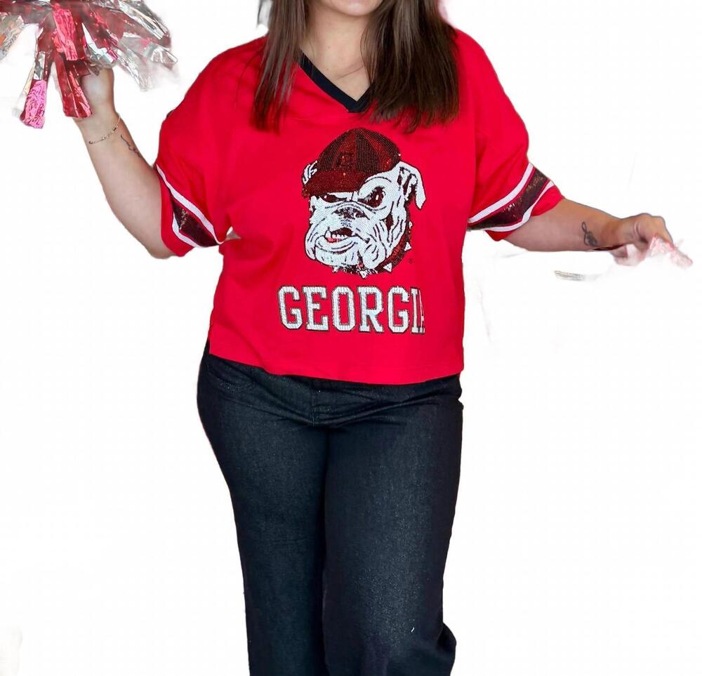 NEW STEWART SIMMONS georgia blitz sequin jersey tee in red black